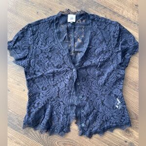 Cabi Women's Lace Navy Blue Button Up V Neck Short Sleeve Overlay Top Sz S